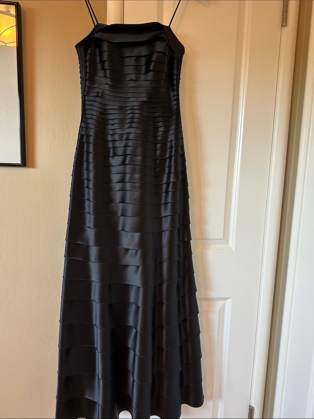 JS Collections Black Spaghetti Straps Tiered Evening Gown